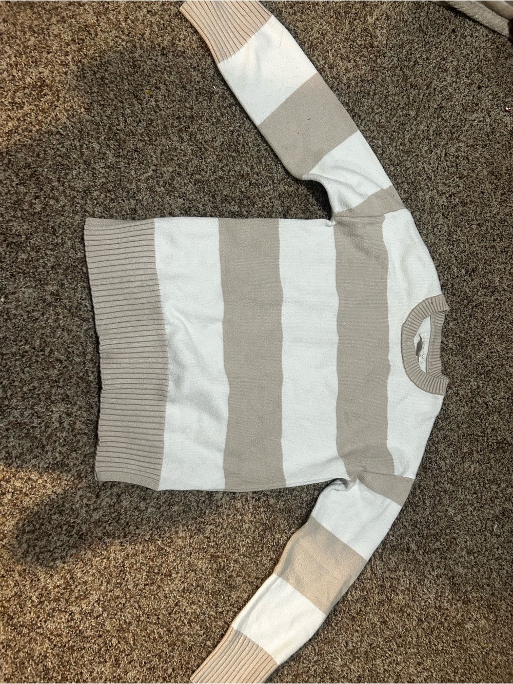 Neutral Striped Crewneck Sweater in Beige and White
